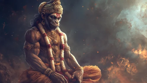 Divine simian warrior meditates amid swirling cosmic fire.