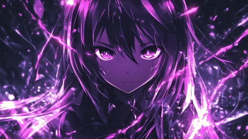 Luminous anime girl framed in wild violet energy bursts.
