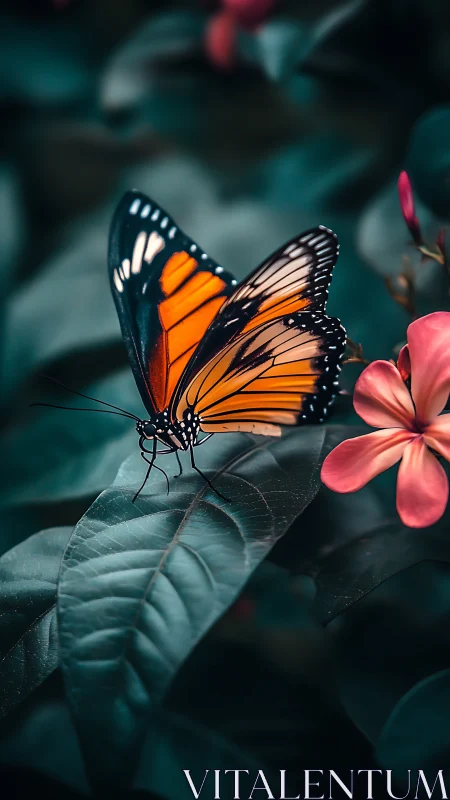 Macro study of orange butterfly on leaf with shallow depth