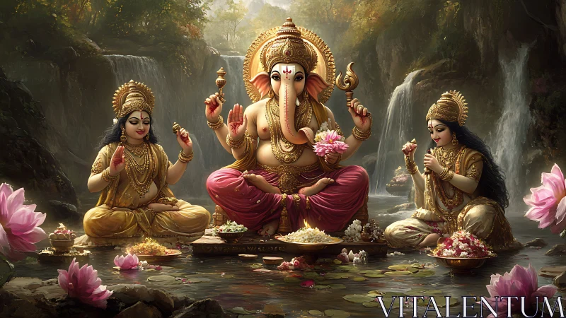 Lotus river blessing with Ganesha in golden serenity.