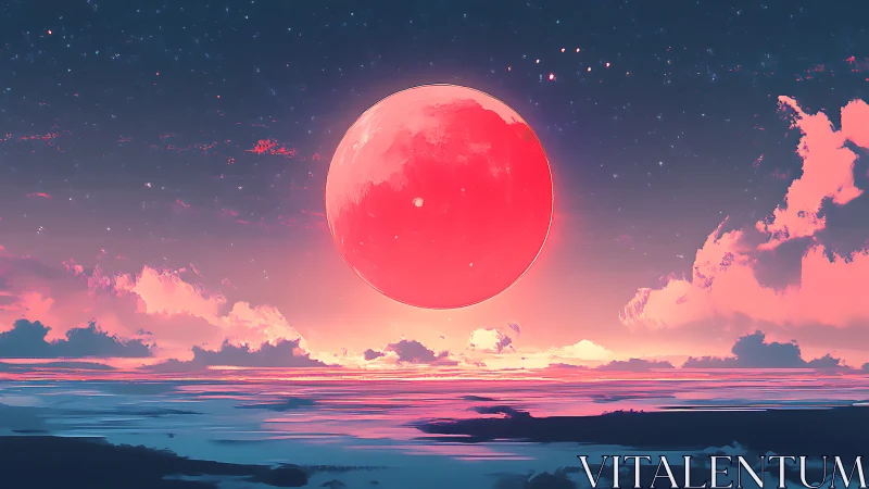 Digital painting of surreal crimson moon over twilight ocean.