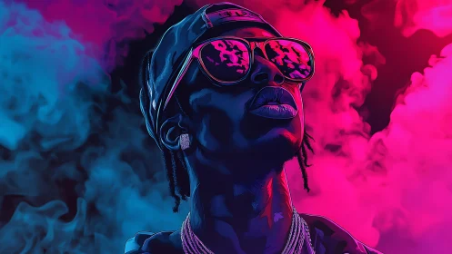 Digital portrait of man in neon haze with reflective glasses.