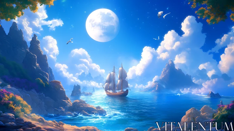 Sailing ship under full moon in vivid coastal fantasy seascape.