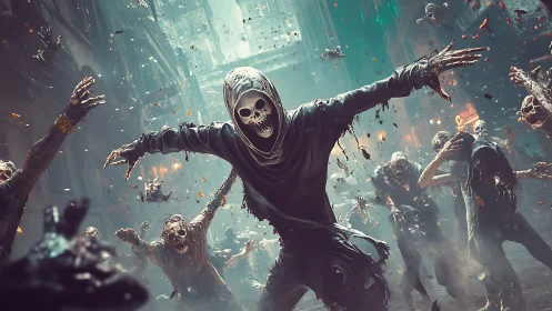 Hooded skeletal figure leads chaotic zombie swarm in city street