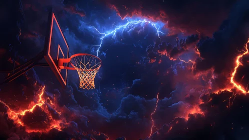 Basketball hoop glows against stormy electric sky of fire.