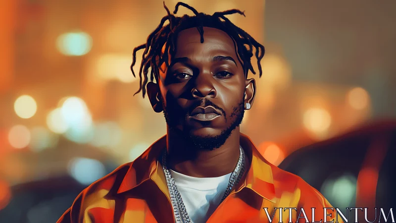 Man with short dreadlocks stands in front of blurred city lights