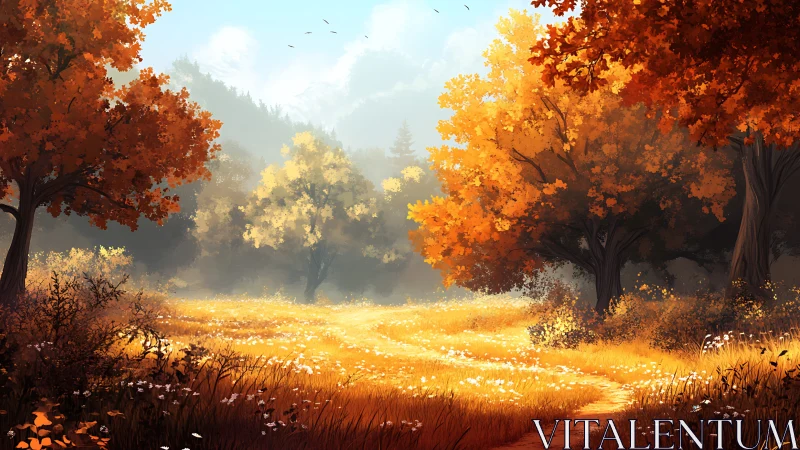 Digital painting of a sunlit autumn meadow with framed trees.