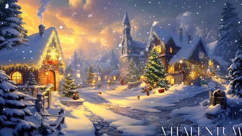 Snow covered village street with illuminated holiday houses.