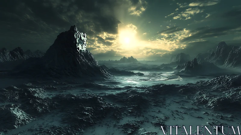 Alien ice valley stretches beneath a toxic emerald sunrise.