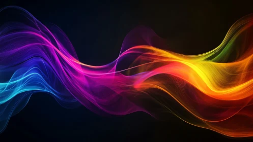 Multicolored light wave bands on dark gradient background.