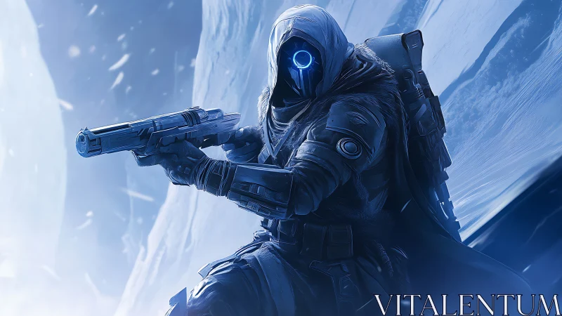 Mysterious ice world guardian ready for a frozen adventure.