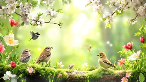 Springtime songbirds gossip across a mossy blossom bridge.