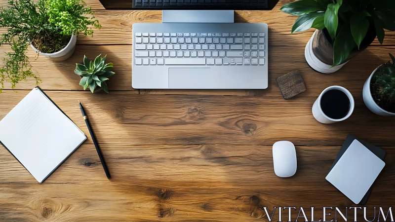 Minimalist wooden desk holds laptop, plants, notebook, coffee mug