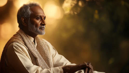 Elderly man in traditional attire gazes sideways in warm bokeh light
