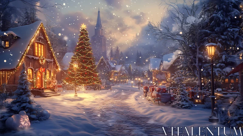 Snowy Christmas village street with glowing festive lights.