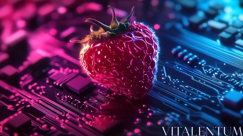 Glowing cyberpunk strawberry fuses organic life with circuitry