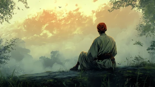 Solitary figure seated on hillside facing misty sunrise.