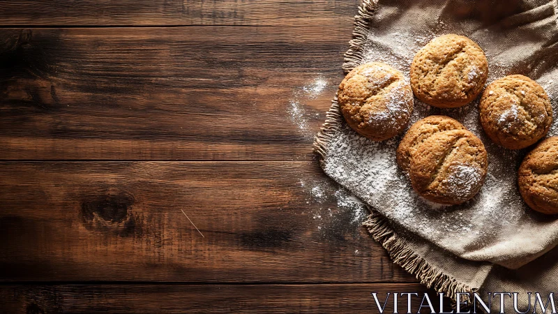 Rustic cookies rest on linen over dark wooden table surface