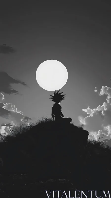 Silhouetted spiky-haired figure on hill under full moon.