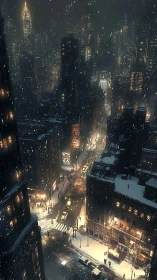Snow-laden nocturnal cityscape with volumetric lighting and dense traffic