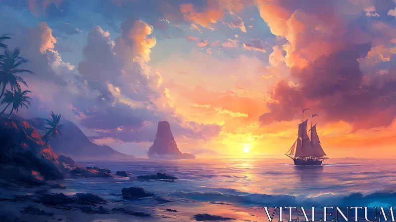 Sunset-sailed brig chasing molten gold across quiet tides.