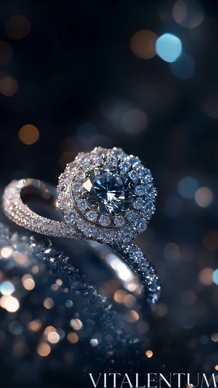 Macro photograph shows diamond ring with concentric halo setting