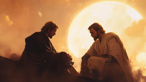 Dual warriors in luminous solar backlit atmospheric dialogue.