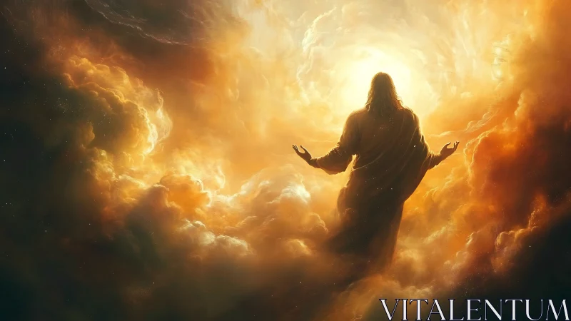 Robe-clad figure viewed from behind within glowing clouds.