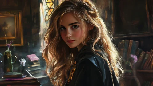 Golden haired student in dim rustic library interior, 3/4 view