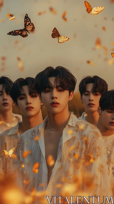 Mirrored dusk faces listen softly to a choir of butterflies