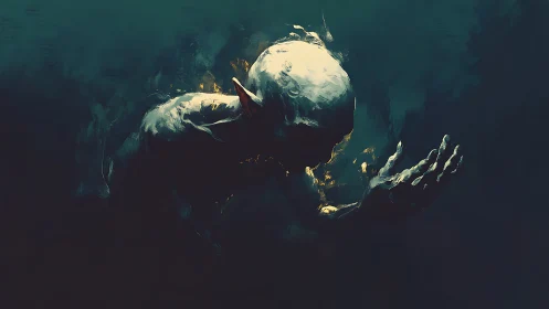 Luminous spirit emerging from shadowy depths in quiet awe.