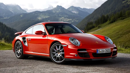 Photorealistic sports coupe on alpine roadside in profile focus.