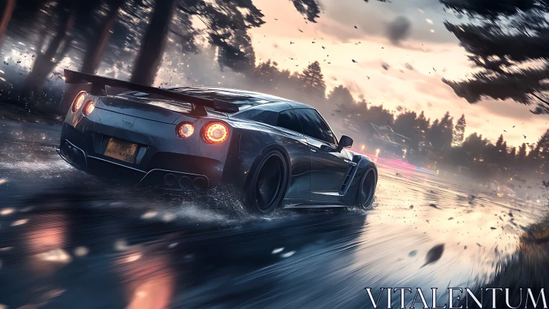 Storm-kissed supercar slicing through rain-soaked twilight.