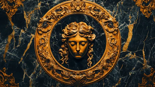 Baroque gilded portrait medallion contrasts with dark marble