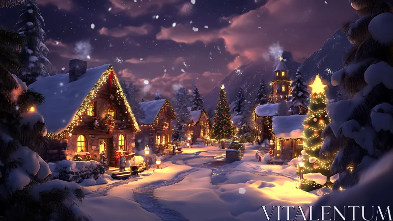 Snowy Christmas village glows under soft twilight sky.
