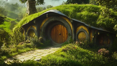 Grass-covered hillside dwelling with circular wooden doors