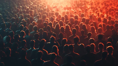 Glowing crowd gathering under warm sunset colored light.