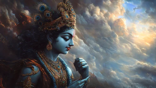 Side-profile deity figure is rendered before dense cloudscape