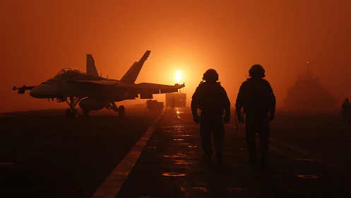 Carrier deck silhouettes with fighter jet in dense orange haze