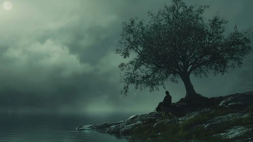 Moon-soaked loner beneath a brooding lakeside tree.