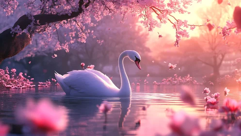 Graceful swan glides through dreamy pink cherry blossom glow
