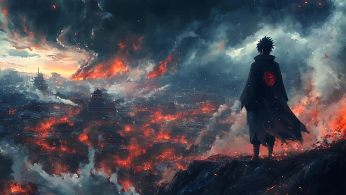 Cloaked figure observing burning fantasy city from cliff edge.