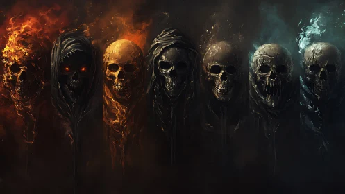 Seven spectral skulls trade flames and frost in eerie silence