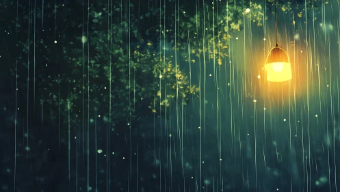 Soft streetlamp glow welcomes gentle rain in quiet night