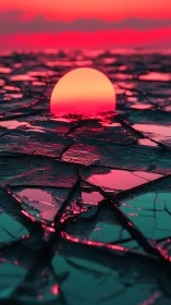 Neon pink sun over cracked reflective surface at dusk.