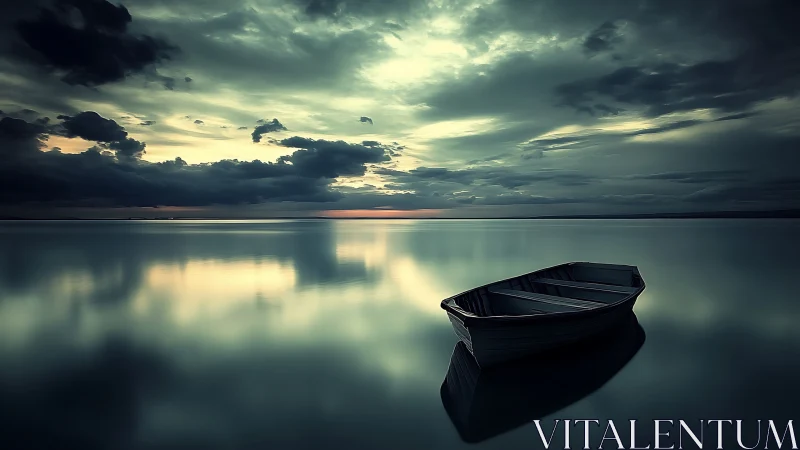Solitary rowboat rests on glassy twilight lake beneath storms