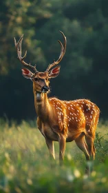 Spotted deer stands alert in soft golden forest light