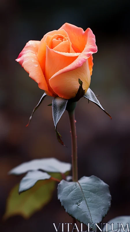 Single orange rose bloom stands sharply against dark background