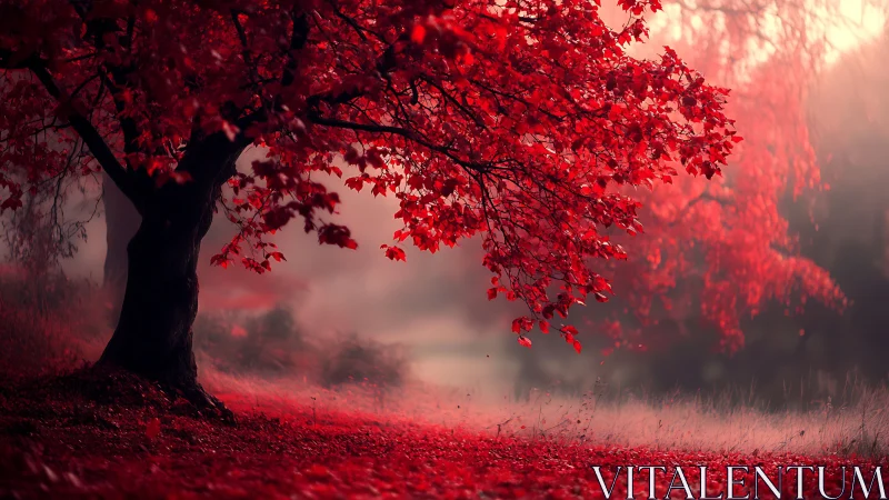 Crimson autumn tree glows softly in a misty dreamlike meadow