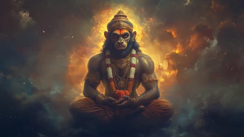 Divine monkey-headed figure seated in fiery cosmic clouds.